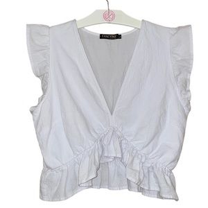 •FANCYINN•WHITE GAUZE MATERIAL DEEP V NECK RUFFLE CROPPED BLOUSE SIZE LARGE